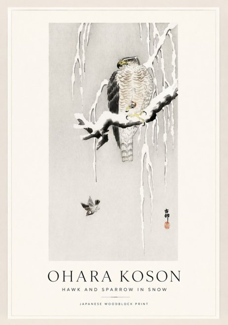 Ohara Koson Hawk and Sparrow in Snow No1 - Juliste