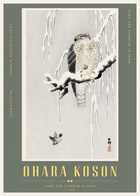Ohara Koson Hawk and Sparrow in Snow No2 - Juliste