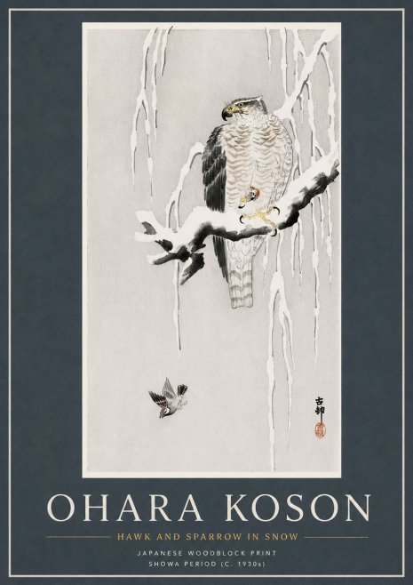 Ohara Koson Hawk and Sparrow in Snow No3 - Juliste