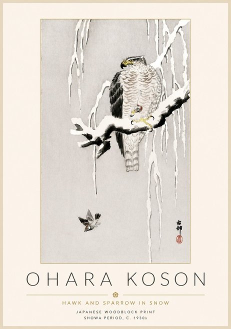 Ohara Koson Hawk and Sparrow in Snow No4 - Juliste