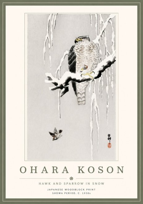 Ohara Koson Hawk and Sparrow in Snow No5 - Juliste