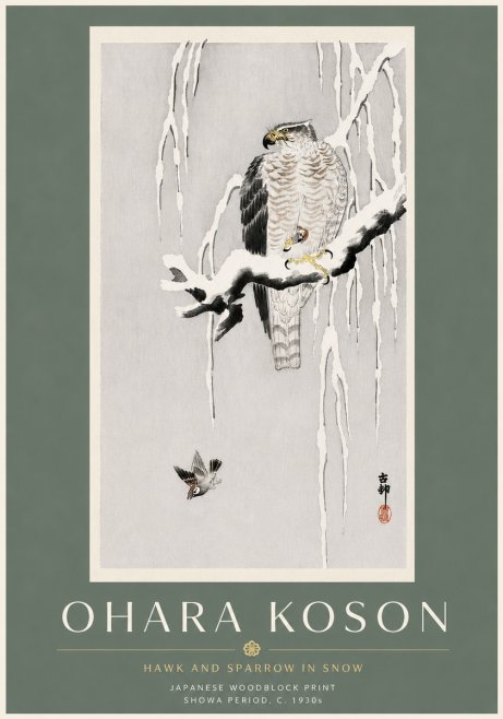 Ohara Koson Hawk and Sparrow in Snow No6 - Juliste