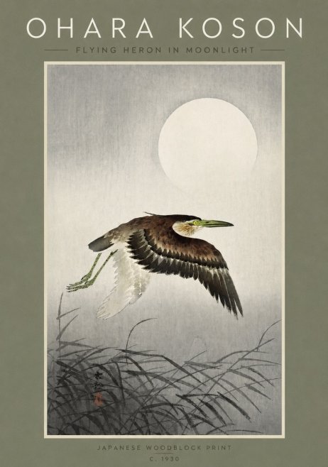 Ohara Koson Flying Heron in Moonlight No2 - Juliste