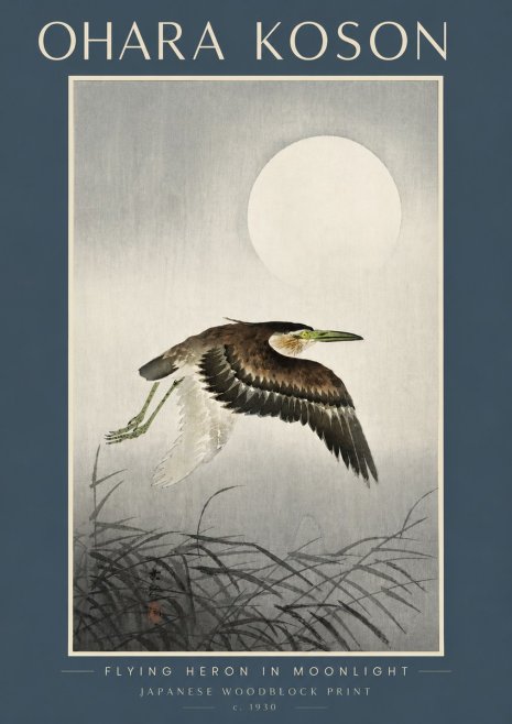 Ohara Koson Flying Heron in Moonlight No4 - Juliste