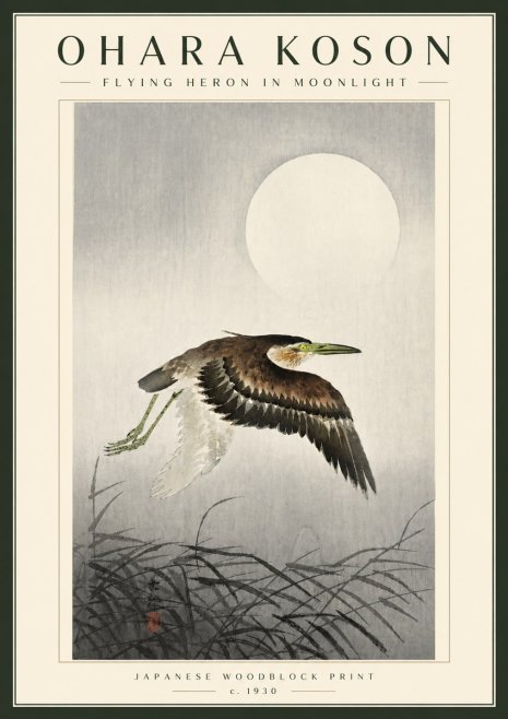 Ohara Koson Flying Heron in Moonlight No5 - Juliste