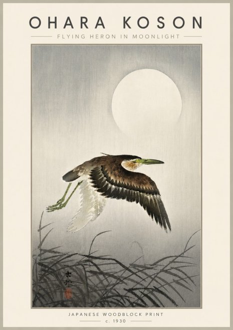 Ohara Koson Flying Heron in Moonlight No6 - Juliste