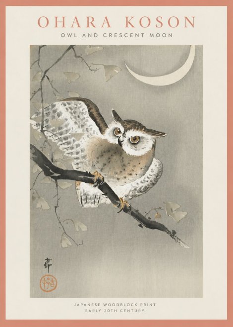 Ohara Koson Owl and Crescent Moon No4 - Juliste