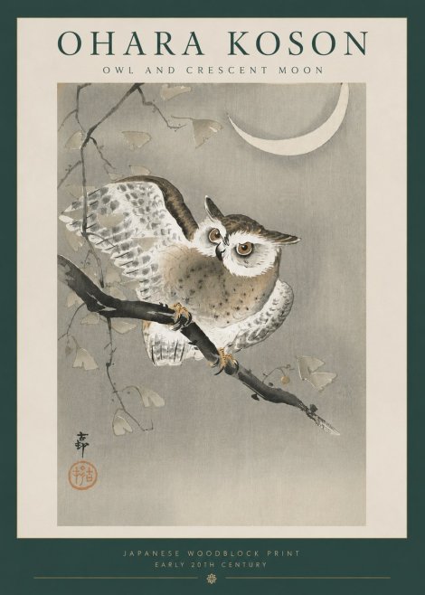 Ohara Koson Owl and Crescent Moon No6 - Juliste