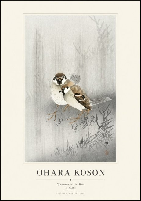 Ohara Koson Sparrows in the Mist No1 - Juliste