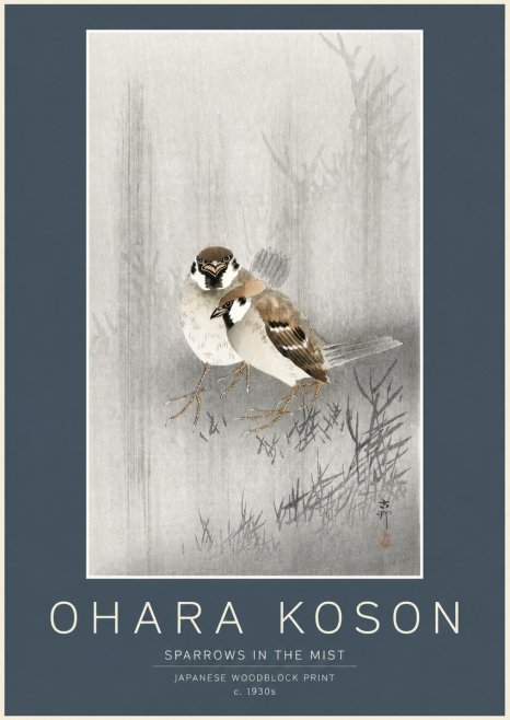 Ohara Koson Sparrows in the Mist No2 - Juliste