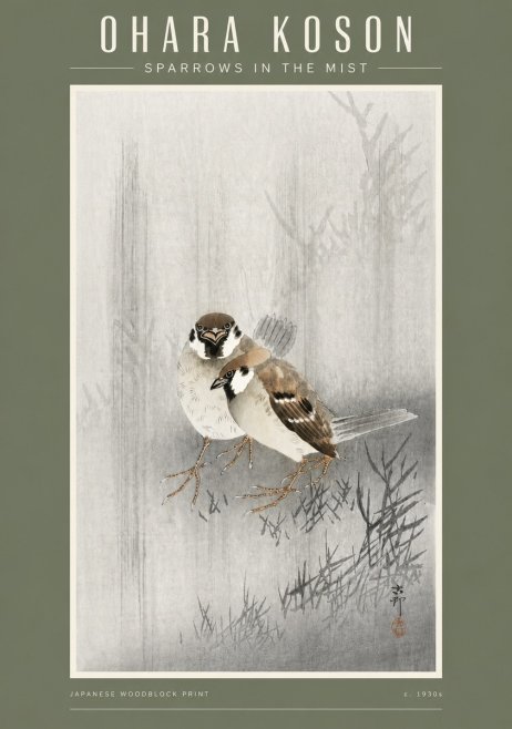 Ohara Koson Sparrows in the Mist No4 - Juliste