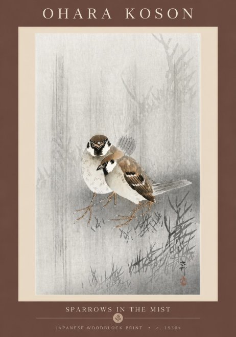 Ohara Koson Sparrows in the Mist No5 - Juliste