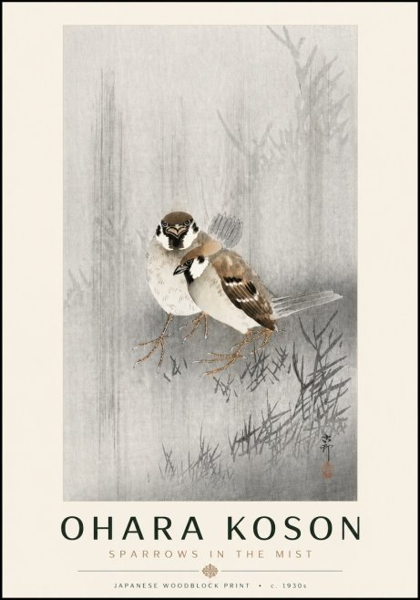 Ohara Koson Sparrows in the Mist No6 - Juliste