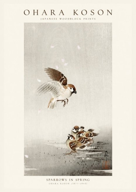 Ohara Koson Sparrows in Spring No1 - Juliste