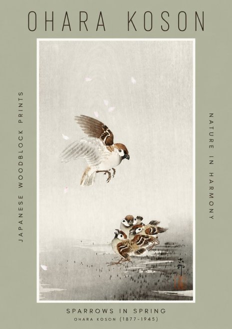 Ohara Koson Sparrows in Spring No2 - Juliste