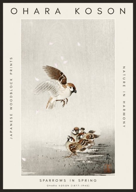 Ohara Koson Sparrows in Spring No3 - Juliste