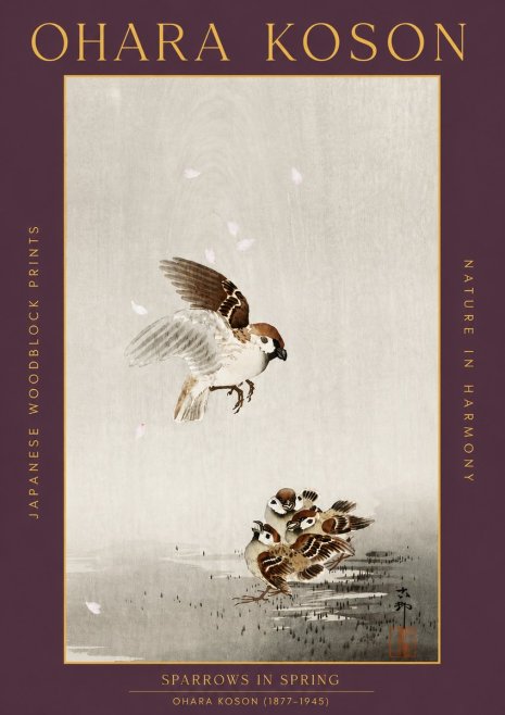 Ohara Koson Sparrows in Spring No5 - Juliste