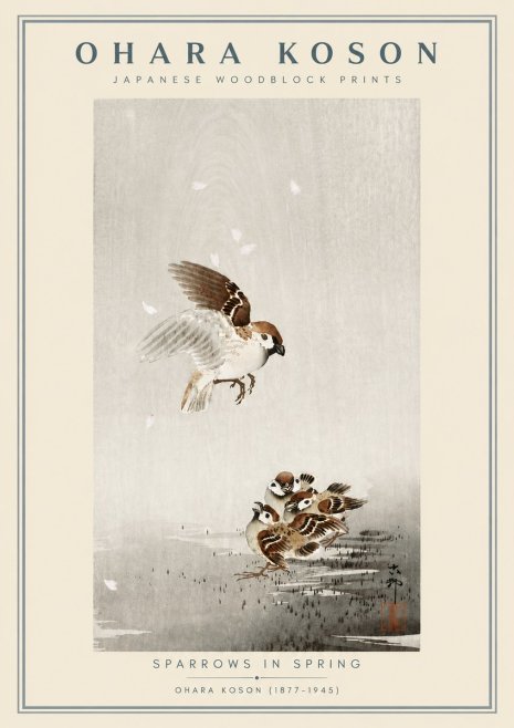 Ohara Koson Sparrows in Spring No6 - Juliste
