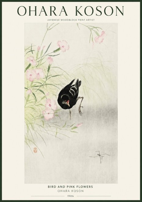 Ohara Koson Bird and Pink Flowers No1 - Juliste