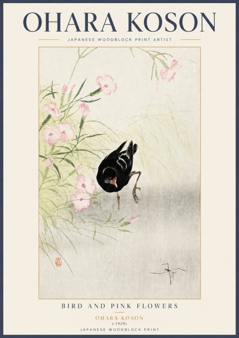 Ohara Koson Bird and Pink Flowers No3 - Juliste