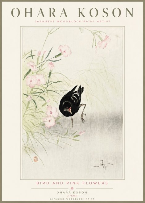 Ohara Koson Bird and Pink Flowers No4 - Juliste