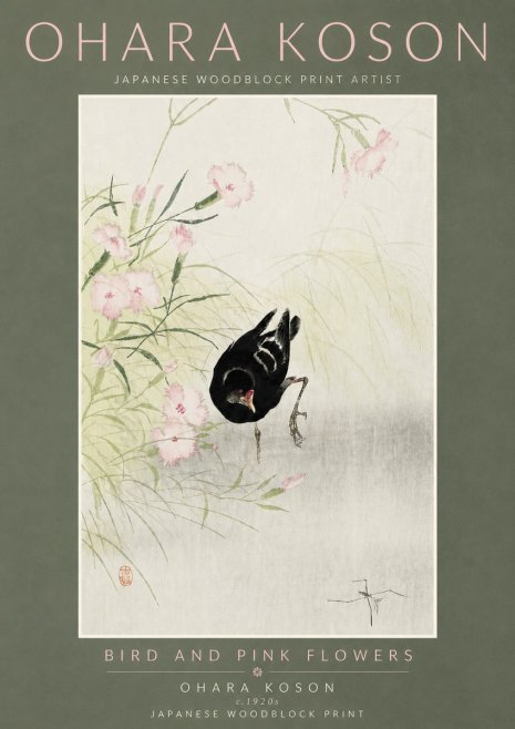 Ohara Koson Bird and Pink Flowers No5 - Juliste
