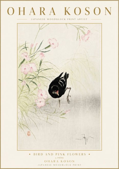 Ohara Koson Bird and Pink Flowers No6 - Juliste