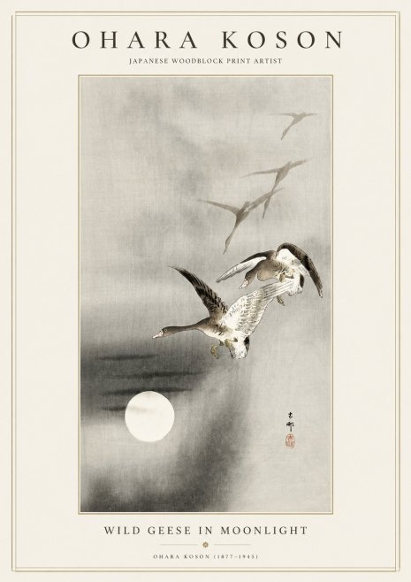 Ohara Koson Wild Geese in Moonlight II No1 - Juliste