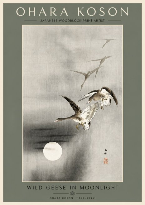 Ohara Koson Wild Geese in Moonlight II No4 - Juliste
