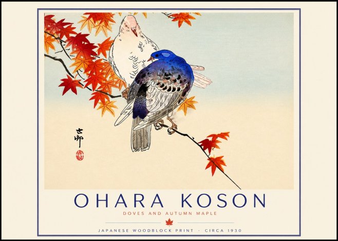 Ohara Koson Doves and Autumn Maple No2 - Juliste
