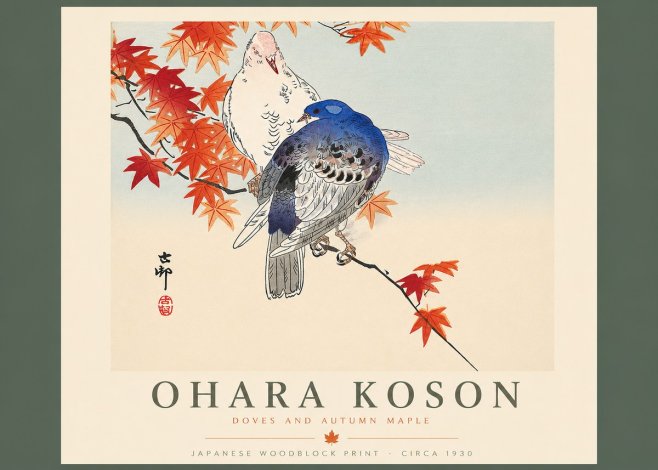 Ohara Koson Doves and Autumn Maple No4 - Juliste