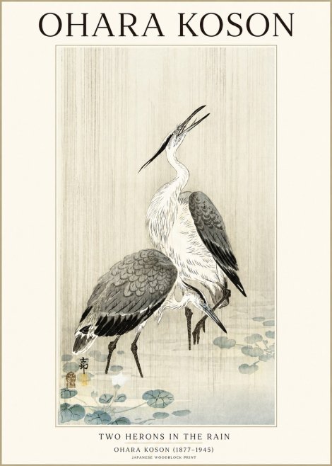 Ohara Koson Two Herons in the Rain No1 - Juliste