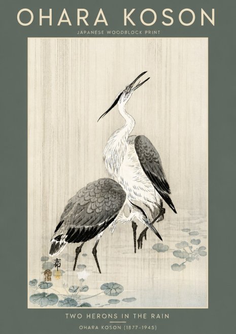 Ohara Koson Two Herons in the Rain No5 - Juliste