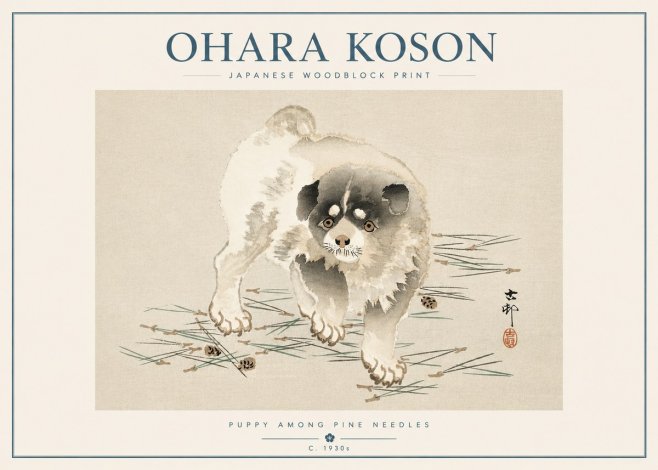 Ohara Koson Puppy Among Pine Needles No5 - Juliste