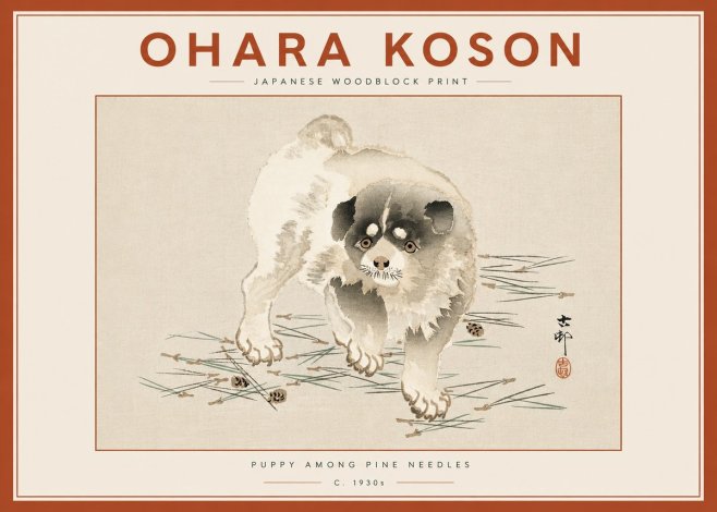 Ohara Koson Puppy Among Pine Needles No6 - Juliste