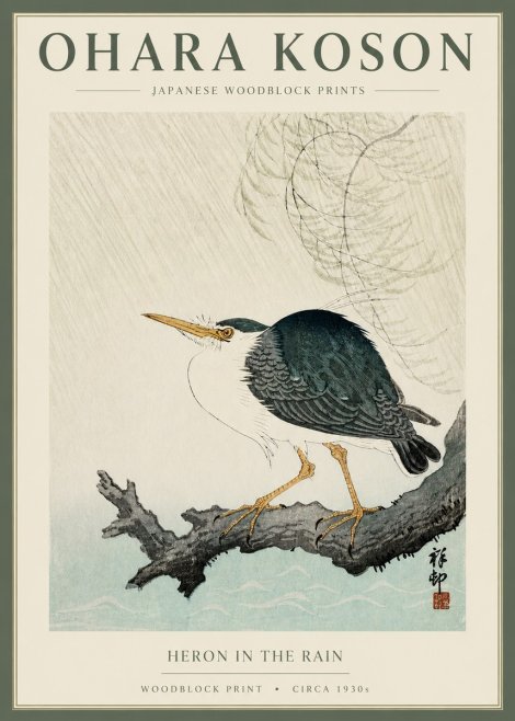 Ohara Koson Heron in the Rain No2 - Juliste