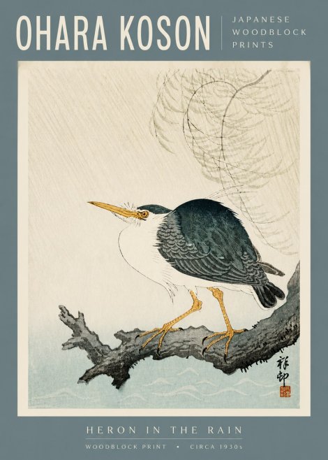 Ohara Koson Heron in the Rain No3 - Juliste