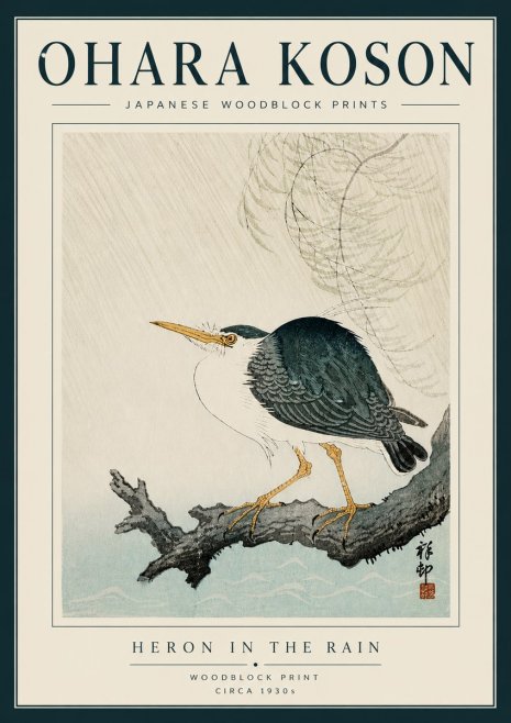 Ohara Koson Heron in the Rain No5 - Juliste