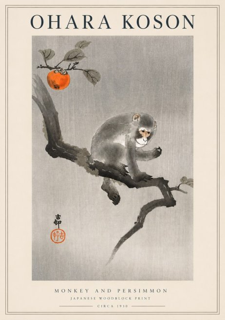 Ohara Koson Monkey and Persimmon No3 - Juliste