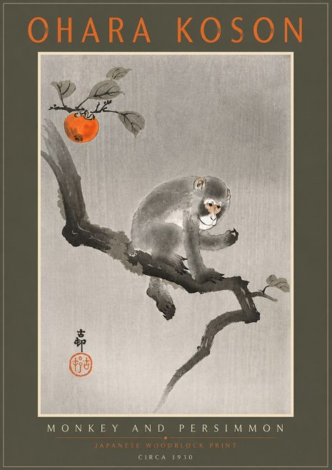 Ohara Koson Monkey and Persimmon No5 - Juliste