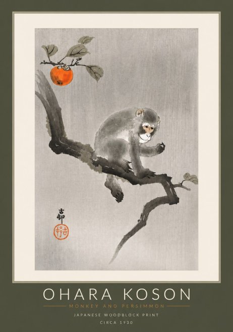 Ohara Koson Monkey and Persimmon No6 - Juliste