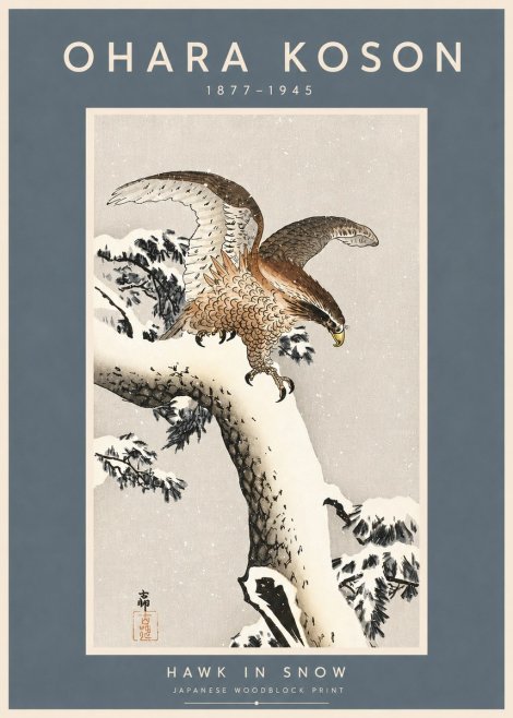 Ohara Koson Hawk in Snow No3 - Juliste