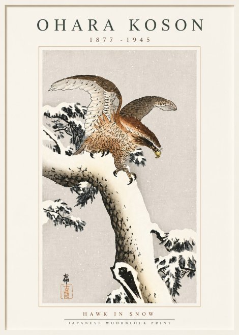Ohara Koson Hawk in Snow No5 - Juliste