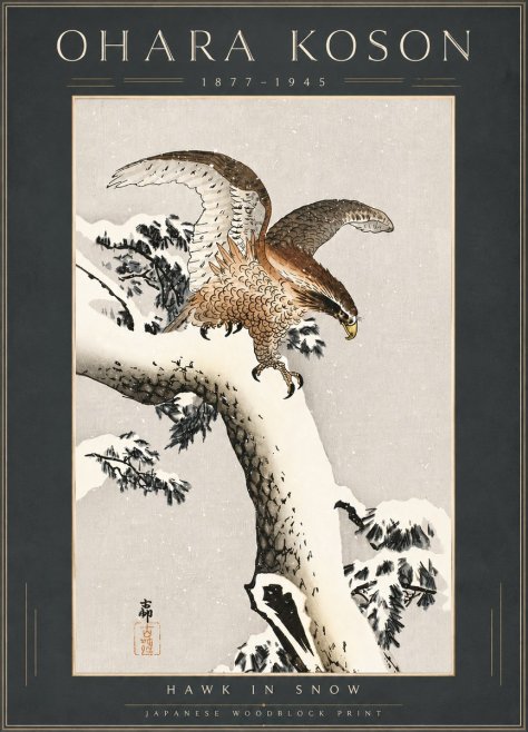 Ohara Koson Hawk in Snow No6 - Juliste