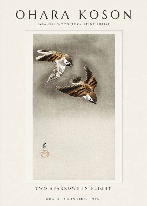 Ohara Koson Two Sparrows in Flight No1 - Juliste