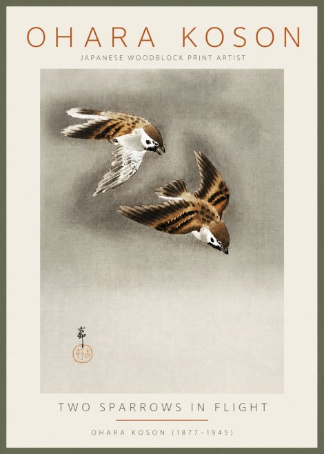 Ohara Koson Two Sparrows in Flight No2 - Juliste