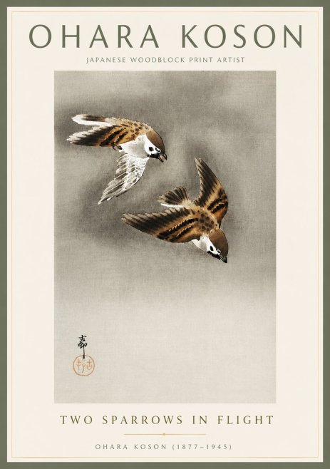Ohara Koson Two Sparrows in Flight No4 - Juliste