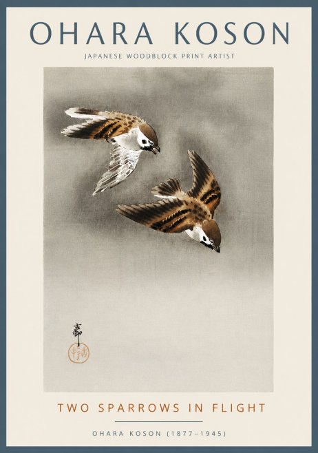 Ohara Koson Two Sparrows in Flight No5 - Juliste