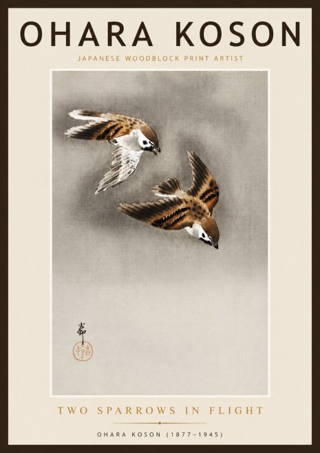 Ohara Koson Two Sparrows in Flight No6 - Juliste
