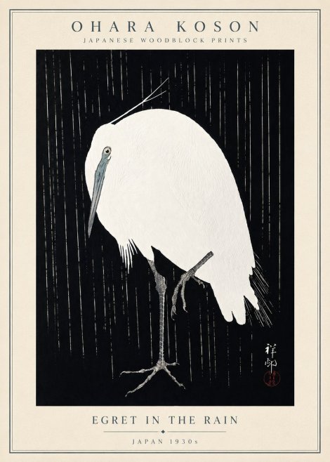 Ohara Koson Egret in the Rain I No5 - Juliste